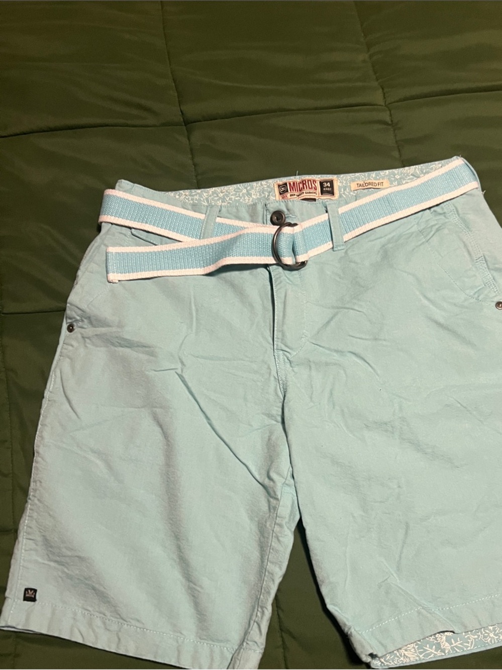Micros Light Blue Men's Flat Front Shorts with Striped Web Belt